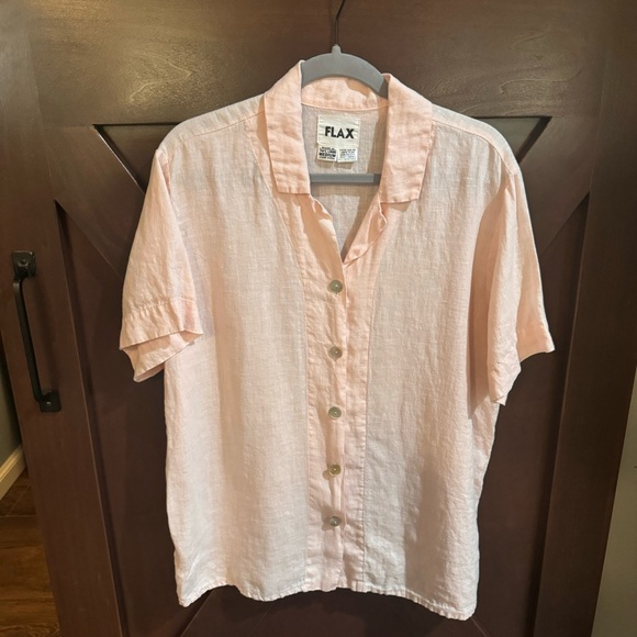 FLAX Peach Linen Collared Mother of Pearl Button Down Blouse Top - Picture 3 of 8